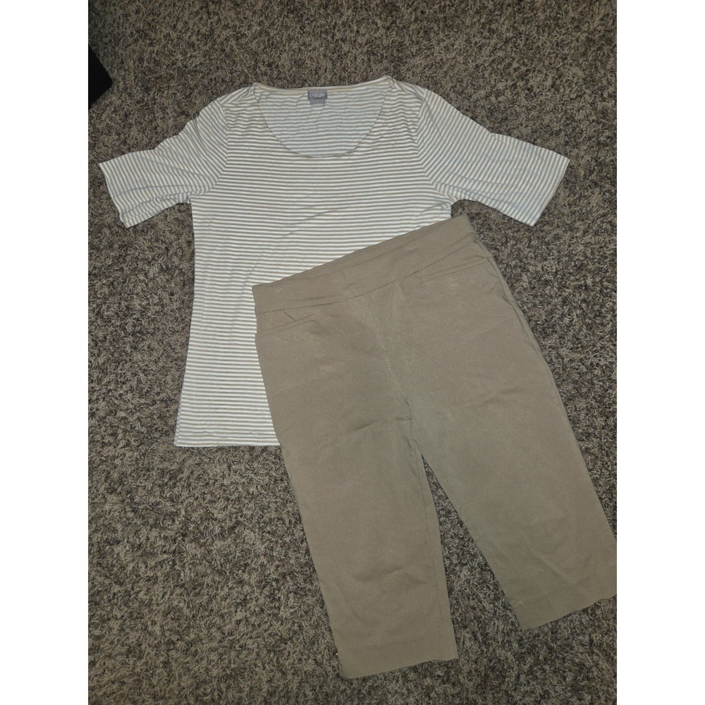 Chico's Women's 2 PC Outfit Set Top Size 0 S Pants Size 0P 4P Petite Tan Striped